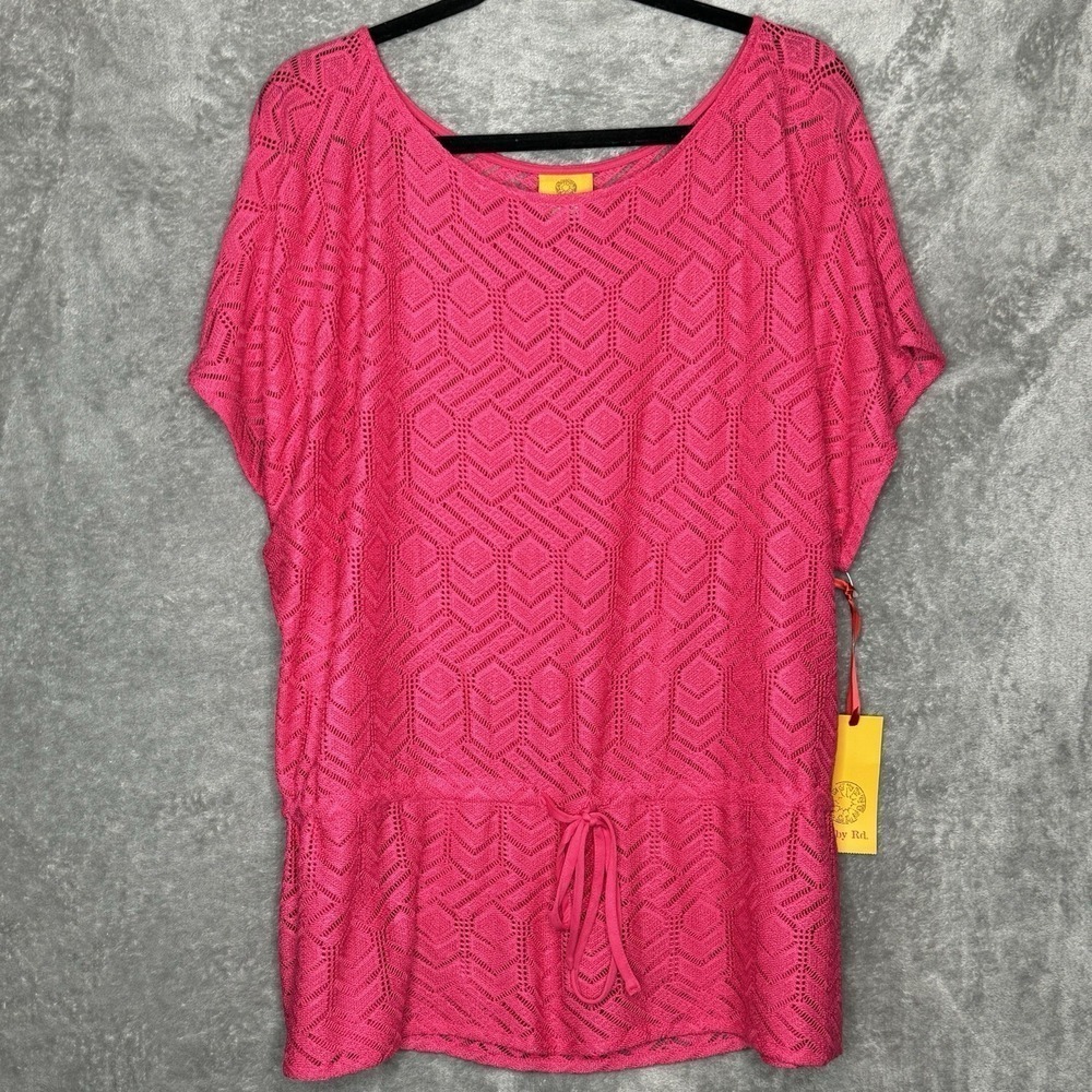 Ruby Rd XL Shirt Top Fuchsia Pink Short Sleeve Scoop Neck Sheer Knit Peplum